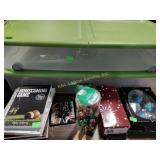 Plastic storage totes, cookbooks, Christmas