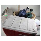 2 coolers, basket, watering cans, waste bin,