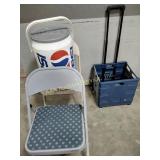 Cart, folding chairs, worn Pepsi cooler