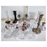 Candlesticks: glass, brass, copper & pewter