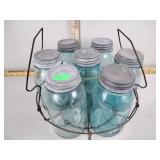 Ball blue canning jars & old metal jar caddy
