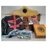 Coat rack, cigar box, K&N air filter, incense