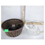 Antique stoneware bundt pan (hairlines), glass