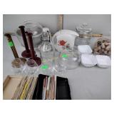 Glass butter dome, pitcher (cracked lid), glass