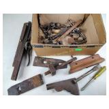 Antique plow plane parts, drill bits, misc. hand