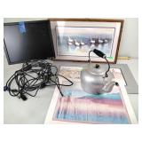 Aluminum tea kettle, unframed prints
