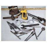 Sad iron, wrenches, drill bits, DeWalt tacker,