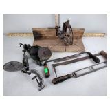 Miter box, grinder, Rollman cherry pitter, misc.