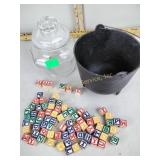 Small cast iron cauldron, mini wood ABC blocks,