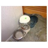 pet dishes, waterer, trash cans, step stool