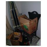 Painted chair, picture frames, music books,