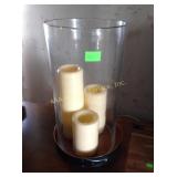 Cylinder with candles and wood shaker style tray