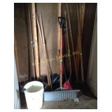 bucket, tools including, rakes, shovels, hoes