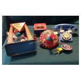 Tin childrens toys including top, saw mill, phone
