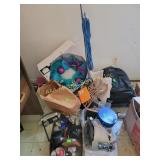 Rolling backpack, sweeper, tin, décor items,