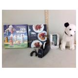 Cookbooks, warmer, cake plate, dog, vase & misc