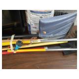 Tomato cages, shovels, rakes, canvas bag