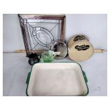 Enamel baking pan, cookie tin, Green Glass sugar,