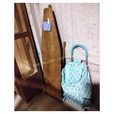 Vintage ironing board, rolling duffle cart