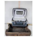 Unmarked wooden crate, American Tourister Case