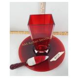 Ruby glass plate, case, cherub candlestick, Avon