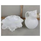 Vintage Fenton hobnail milk glass pitcher &