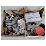 2 plastic storage totes, door chime, wire, drawer