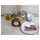 Seth Thomas wood clock, mini shopping cart, beer