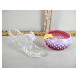 Fenton opalescent hobnail glass shoe & cranberry
