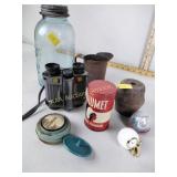 Green ball 1/2 gal jar and zinc lid, binoculars,