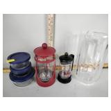 Pyrex storage containers,  pitcher, coffee press,