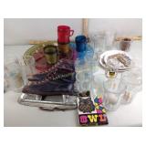 Glasses, owl trivet, plates, skates