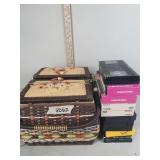 Sewing basket, sewing notions,  VHS tapes