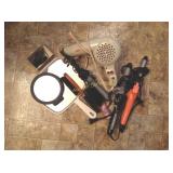 Hair dryer, hand mirrors, curling irons