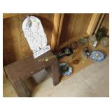 Wood stool, glass and ceramic pieces for yard art,