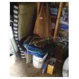 (3) Wood oars, tarp, patio cushions, misc.