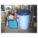 Archery target, cube, plastic waste bin,