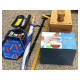 Shoe shine kit, canes, umbrella,