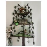 Glass and metal corner shelf, bird figurines,