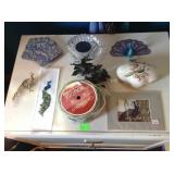 Peacock items: ribbon, coasters, ceramic box and
