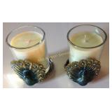 (2) Enameled metal peacock candle holders