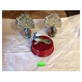 Enameled peacock music box, ceramic peacock salt