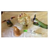 (5) Peacock figurines-resin, stone and wood