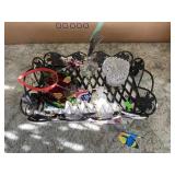 Metal tray, glass leaf dish, glass box, and misc.