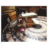 Books, light fixture, pictures