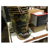 Bucket, horseshoes, Craftsman vac filter, misc