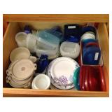 Plastic food storage, paper plates,