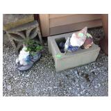 Garden gnome hose sprinkler, shoe planter,