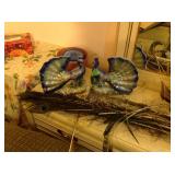 Ceramic peacocks, peacock feathers