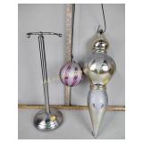 Large Christmas ornaments, tension shower rod